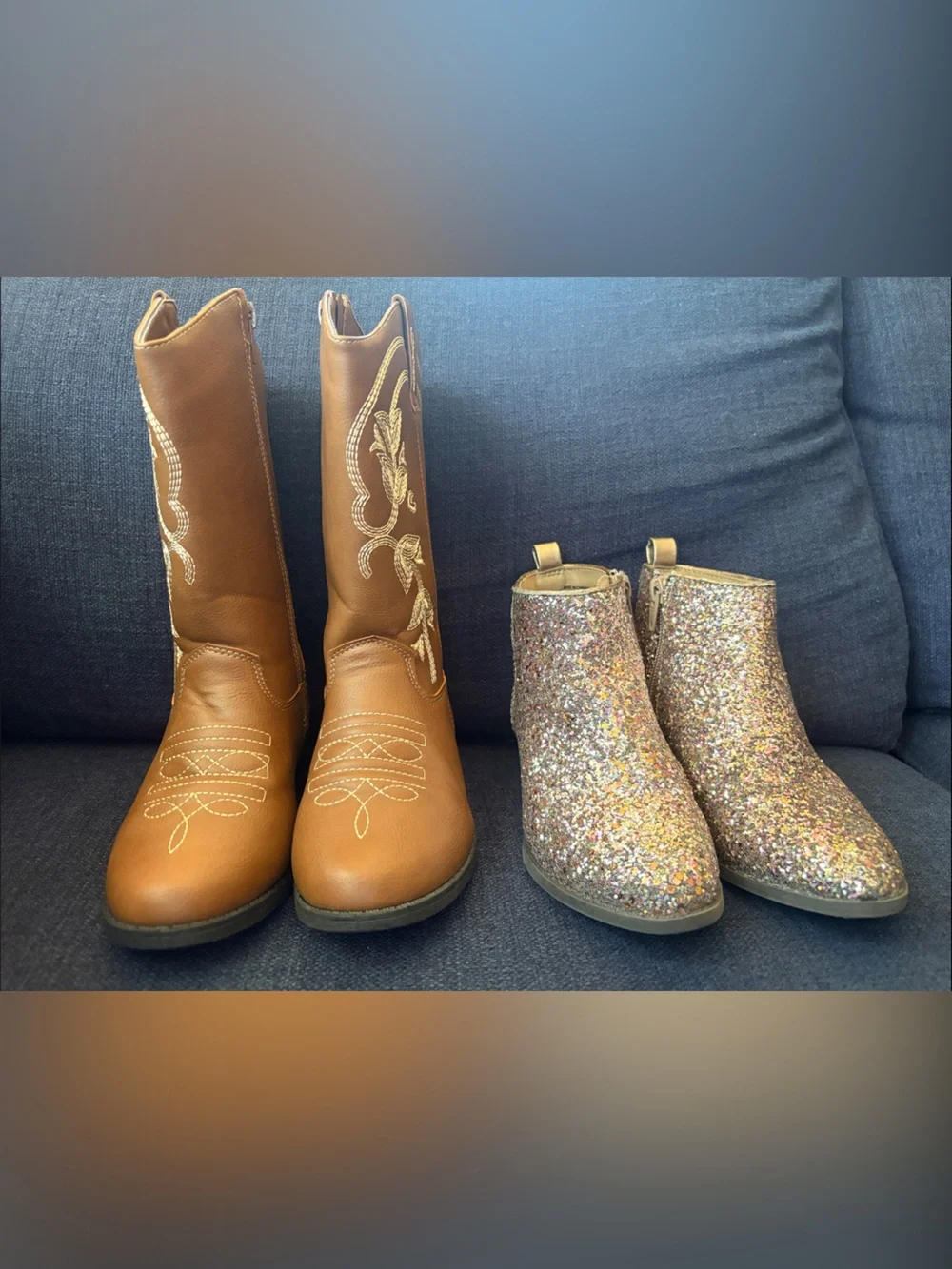 Pair of Brown Western Boots and Multicolor Glitter Ankle Boots